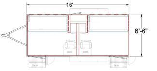 16 foot trailer with 2 sleep chambers, each with a bunk and desk.