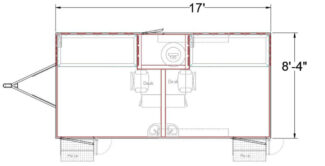 Trailer with 2 separate sleeping chambers, each with a bunk, desk, and sink